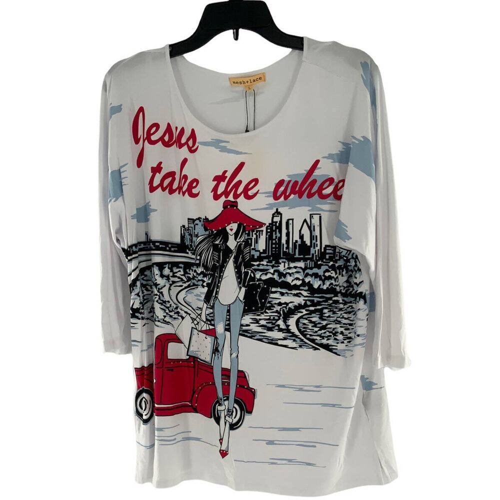 Mesh+Lace Shirt Womens Large Long Sleeve Stretch Graphic Printed Casual Top NEW